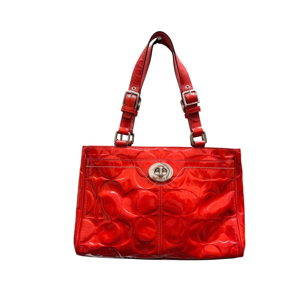 Coach Red Signature Embossed Patent Leather Tote Bag Turnlock Shoulder Bag
